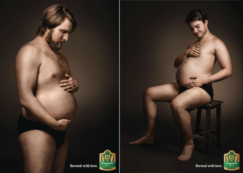 Men lovingly stroke their beer bellies in German advertising Men lovingly stroke their beer bellies in German advertising
