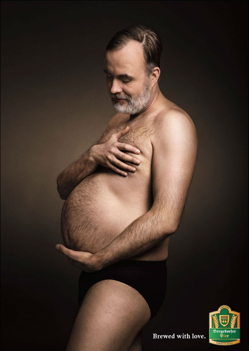 Men lovingly stroke their beer bellies in German advertising Men lovingly stroke their beer bellies in German advertising