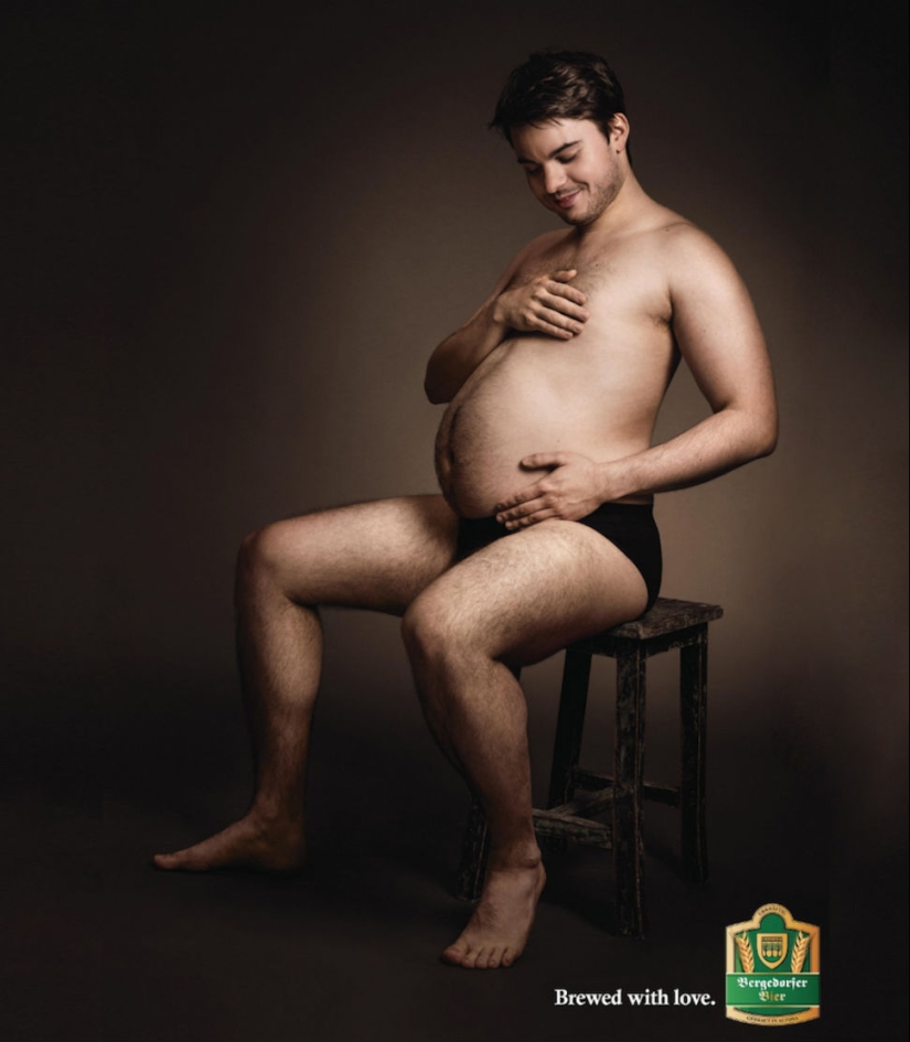 Men lovingly stroke their beer bellies in German advertising Men lovingly stroke their beer bellies in German advertising
