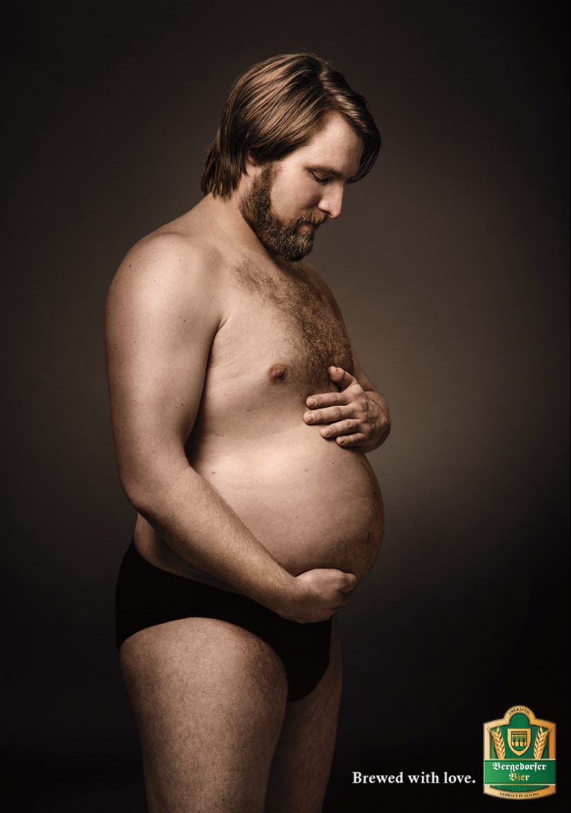 Men lovingly stroke their beer bellies in German advertising Men lovingly stroke their beer bellies in German advertising
