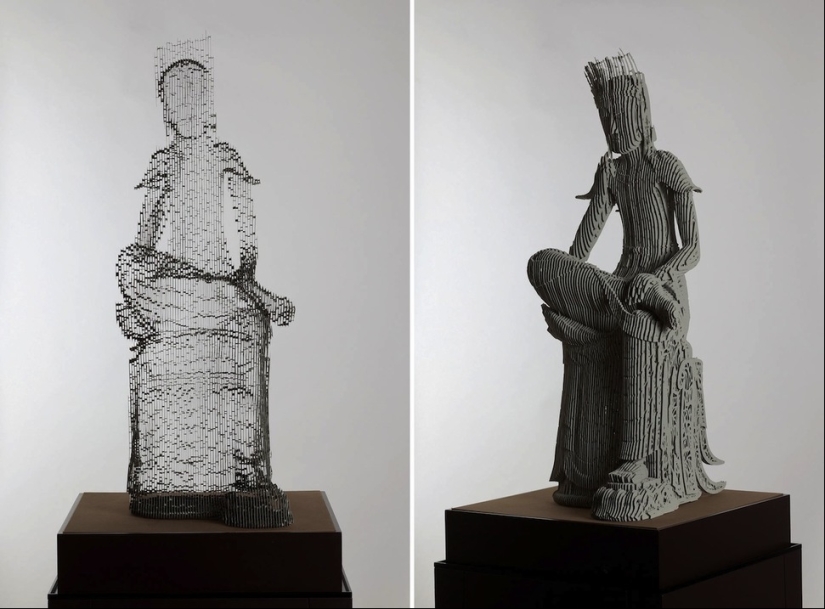 Multilayered paper sculptures that are at a certain angle become nearly invisible Multilayered paper sculptures that are at a certain angle become nearly invisible