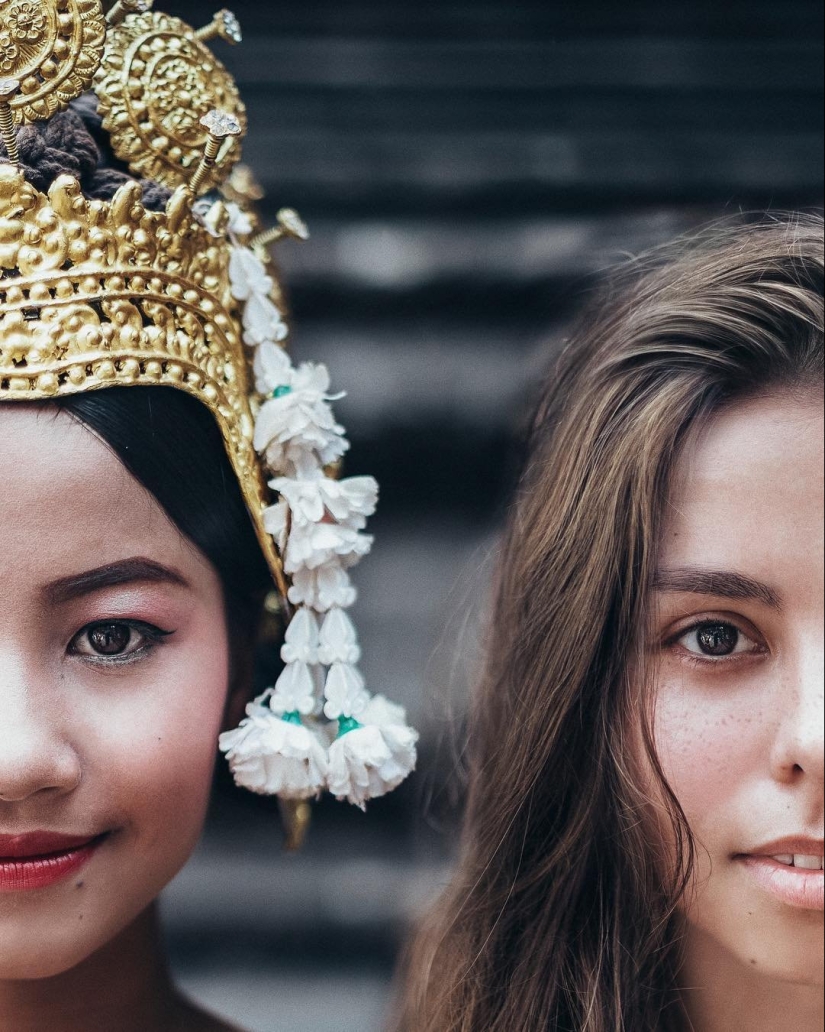 Russian woman demonstrates the beauty of girls from all over the world, making them a joint photo Russian woman demonstrates the beauty of girls from all over the world, making them a joint photo