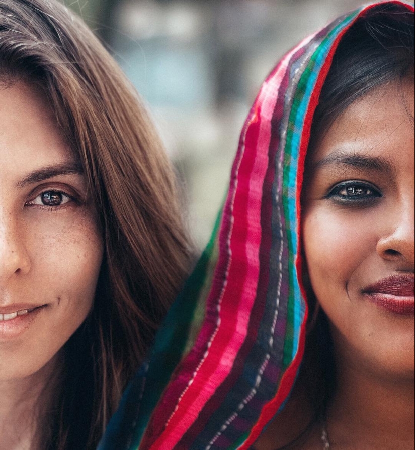 Russian woman demonstrates the beauty of girls from all over the world, making them a joint photo Russian woman demonstrates the beauty of girls from all over the world, making them a joint photo