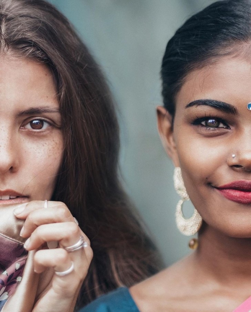 Russian woman demonstrates the beauty of girls from all over the world, making them a joint photo Russian woman demonstrates the beauty of girls from all over the world, making them a joint photo