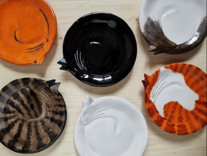 12 beautiful decorative plates in the form of snugly curled cats