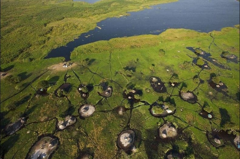A picturesque village in a swamp in South Sudan