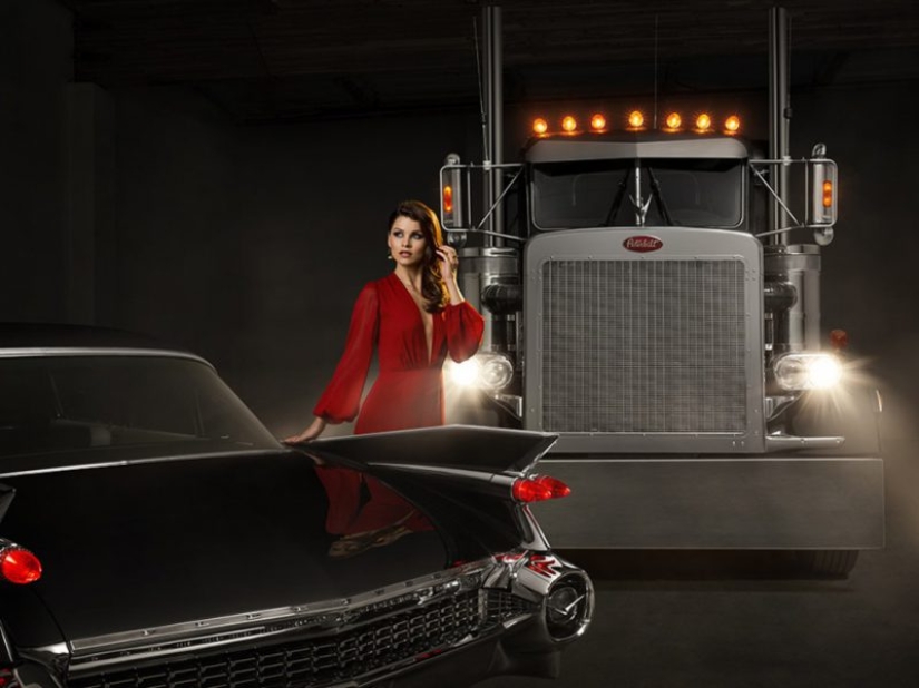 An American classic: trucks Peterbilt and leggy beauty An American classic: trucks Peterbilt and leggy beauty
