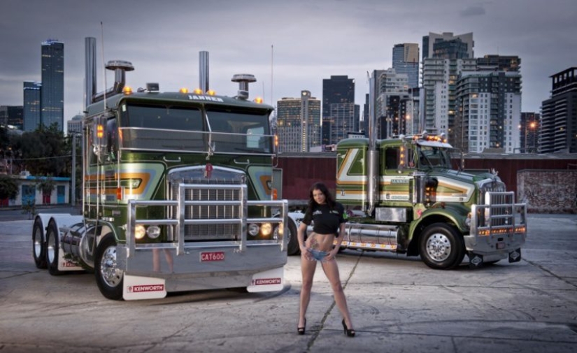 An American classic: trucks Peterbilt and leggy beauty An American classic: trucks Peterbilt and leggy beauty