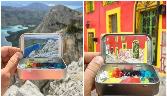 Artista dibuja las miniaturas de los paisajes en las cajas del caramelo