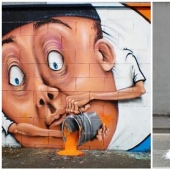Callejero interactivo de arte: el artista entra en 3D pinturas en la calle