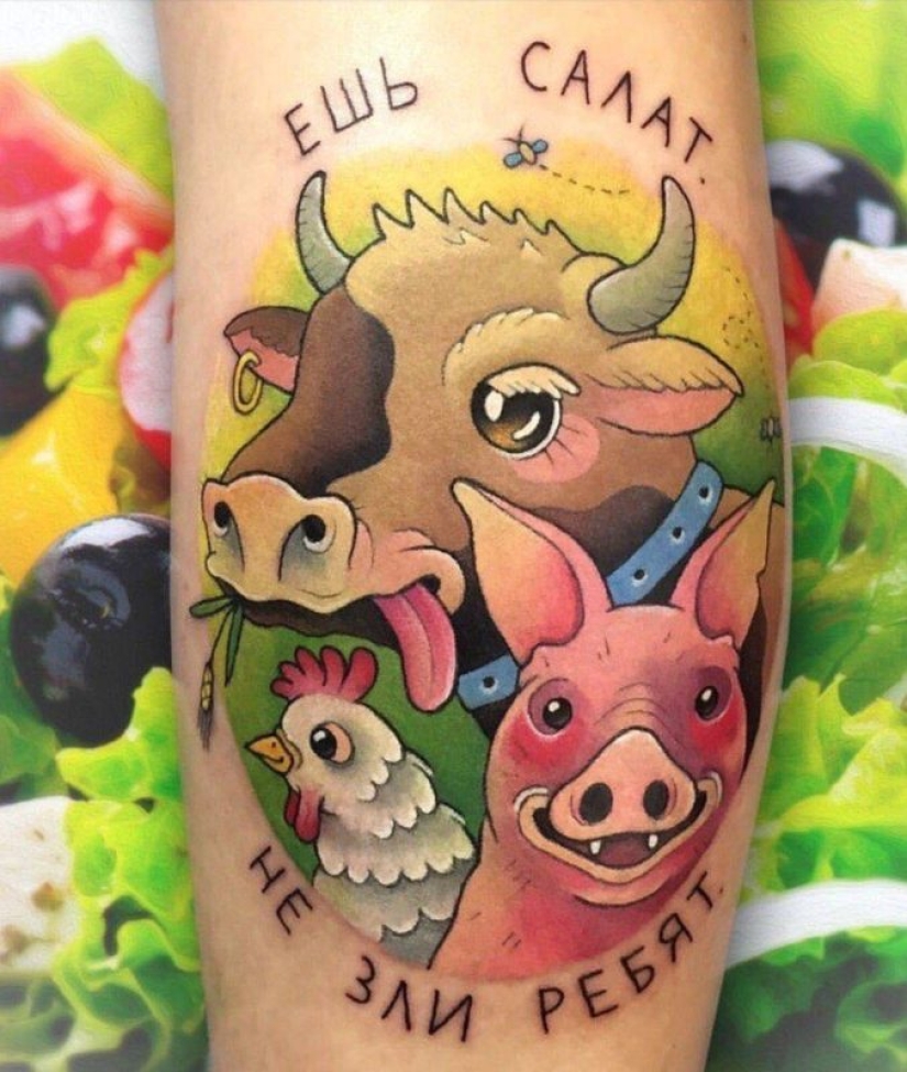 "Comer su ensalada — no te metas con los chicos": ¿qué es un tatuaje cubren los veganos "Comer su ensalada — no te metas con los chicos": ¿qué es un tatuaje cubren los veganos