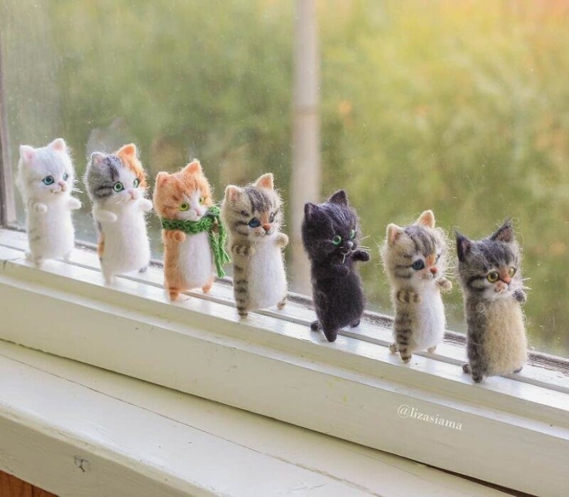Cute kittens made of felt from the needlewoman Elizabeth Delektorskaya