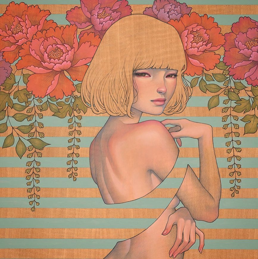 Delicate and Seductive Wood Paintings by Audrey Kawasaki