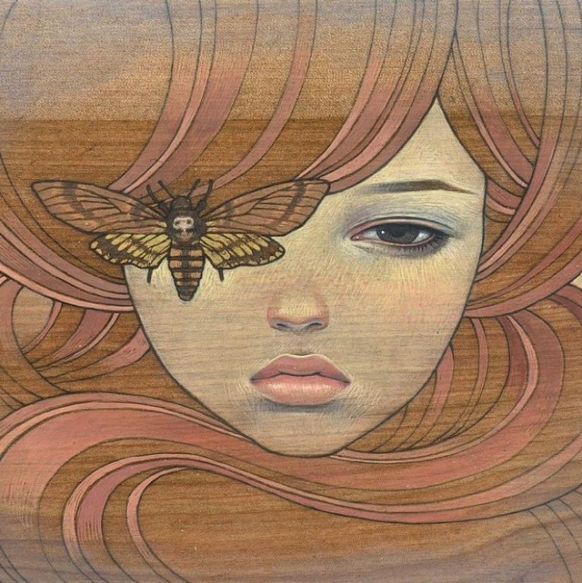 Delicate and Seductive Wood Paintings by Audrey Kawasaki
