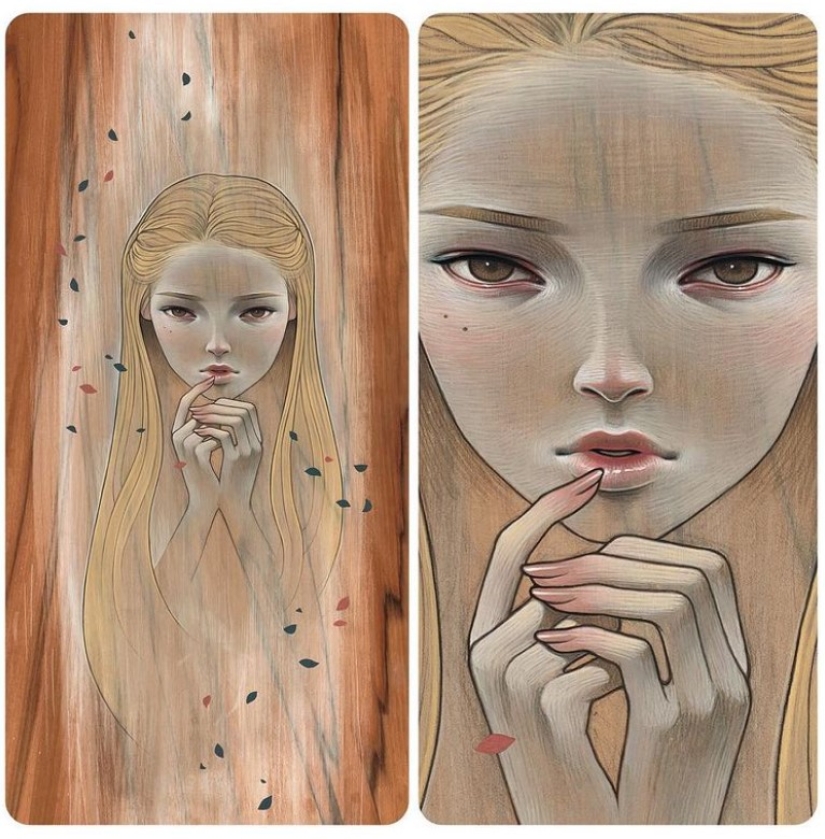 Delicate and Seductive Wood Paintings by Audrey Kawasaki