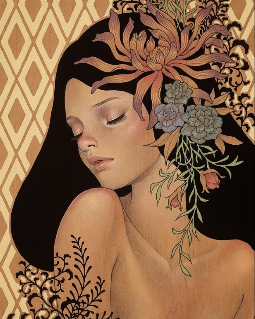 Delicate and Seductive Wood Paintings by Audrey Kawasaki