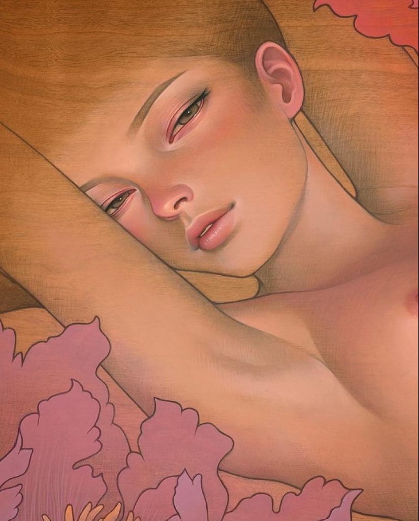 Delicate and Seductive Wood Paintings by Audrey Kawasaki