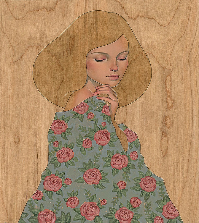 Delicate and Seductive Wood Paintings by Audrey Kawasaki