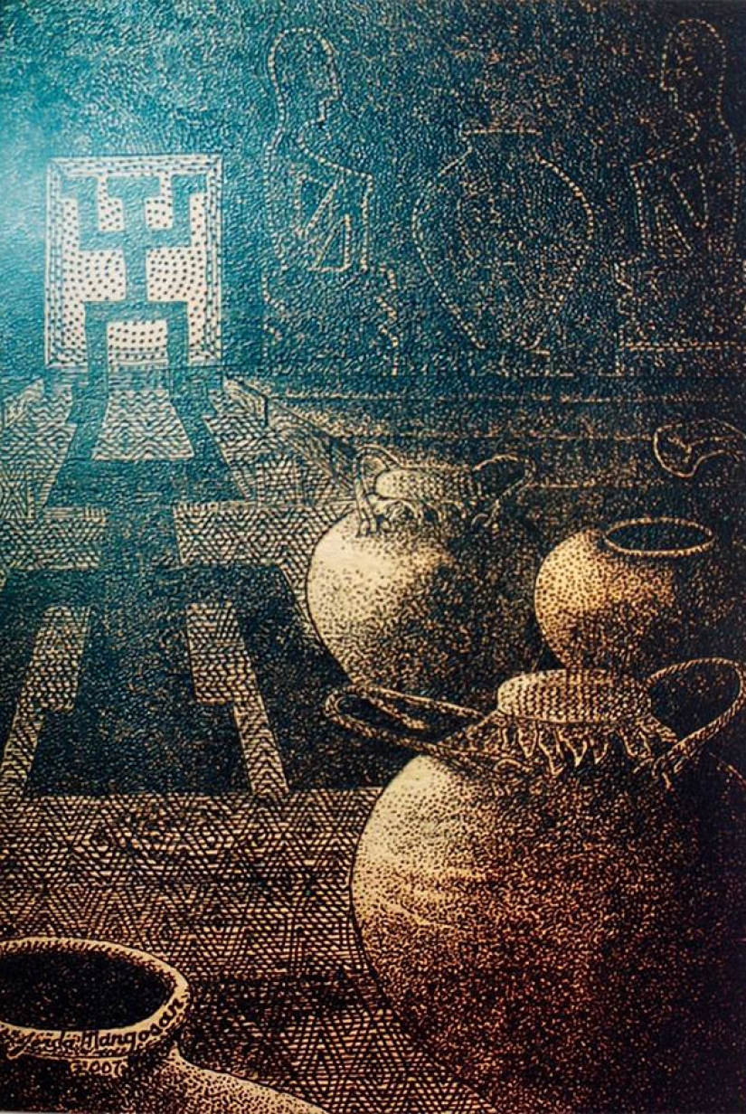 El artista dibuja con una lupa y la luz del sol El artista dibuja con una lupa y la luz del sol
