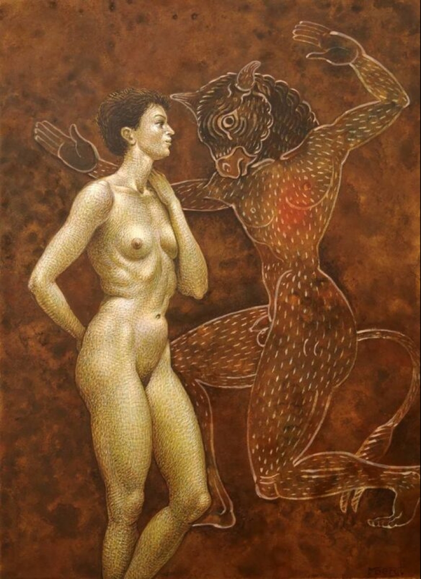 El doble significado de las pinturas de Michael Bergt de Orientales clásicos del Western surrealismo