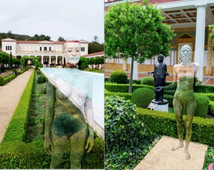 En armonía con la naturaleza: el artista escribe de personas, en un pintoresco paisaje con la ayuda de el arte del cuerpo