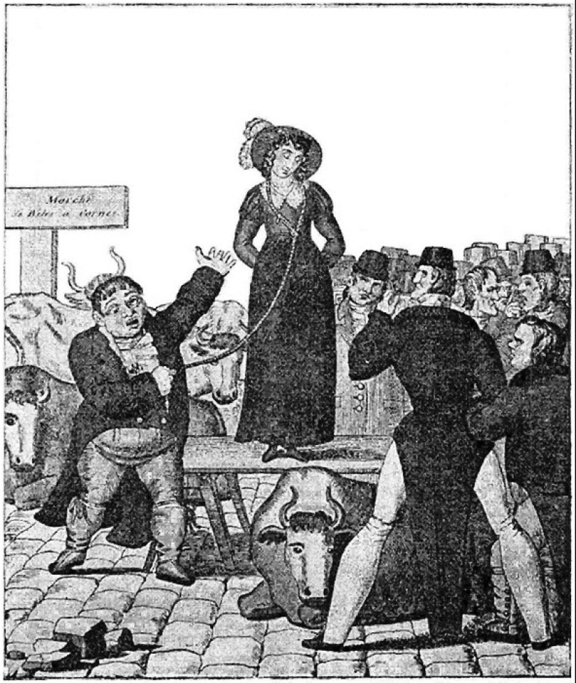 En la Inglaterra del siglo XIX, el divorcio era caro. Por lo tanto, las esposas fueron vendidas en una subasta En la Inglaterra del siglo XIX, el divorcio era caro. Por lo tanto, las esposas fueron vendidas en una subasta