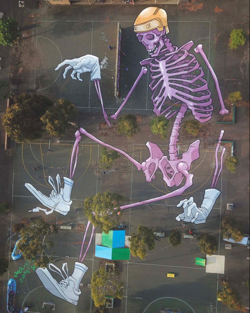 Giant murals on the ground by Australian Kitt Bennett