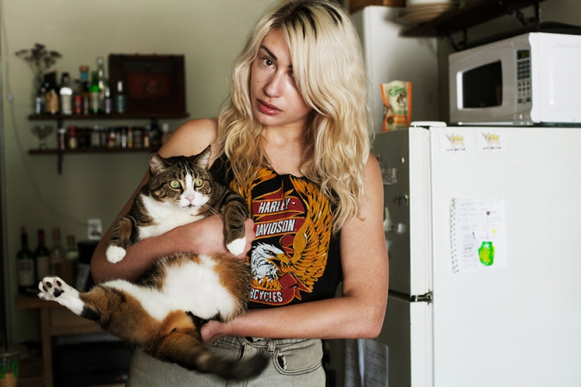 Girl, sheltered homeless cats
