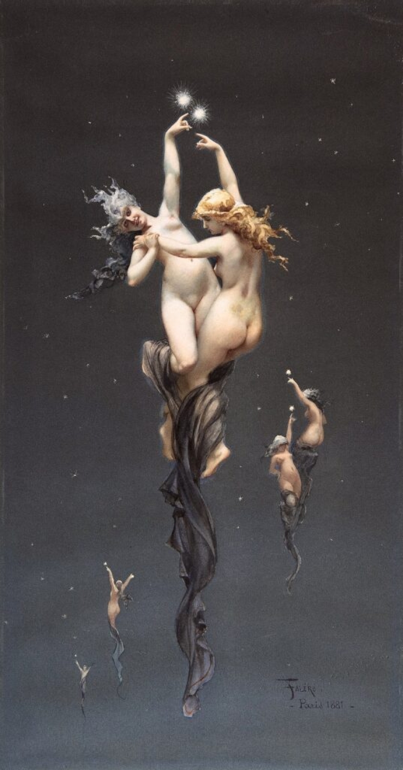 Hadas desnudas del artista Luis Ricardo Falero, quien fundó el estilo de fantasía en la pintura Hadas desnudas del artista Luis Ricardo Falero, quien fundó el estilo de fantasía en la pintura