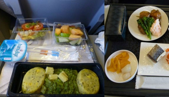 How different is the food of passengers in business class and economy class on the plane