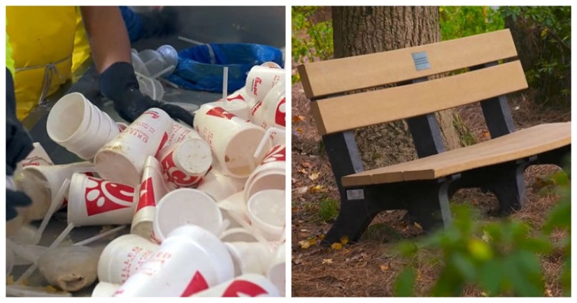 How used disposable tableware turns into park benches How used disposable tableware turns into park benches
