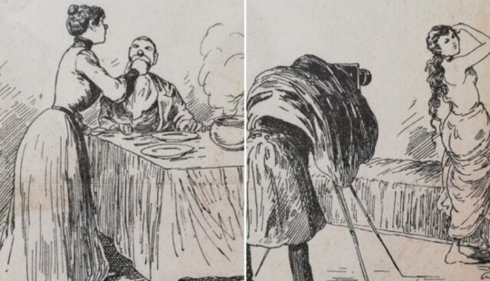 Illustration from magazine of the late 19th century: "how to behave As a good wife" Illustration from magazine of the late 19th century: "how to behave As a good wife"