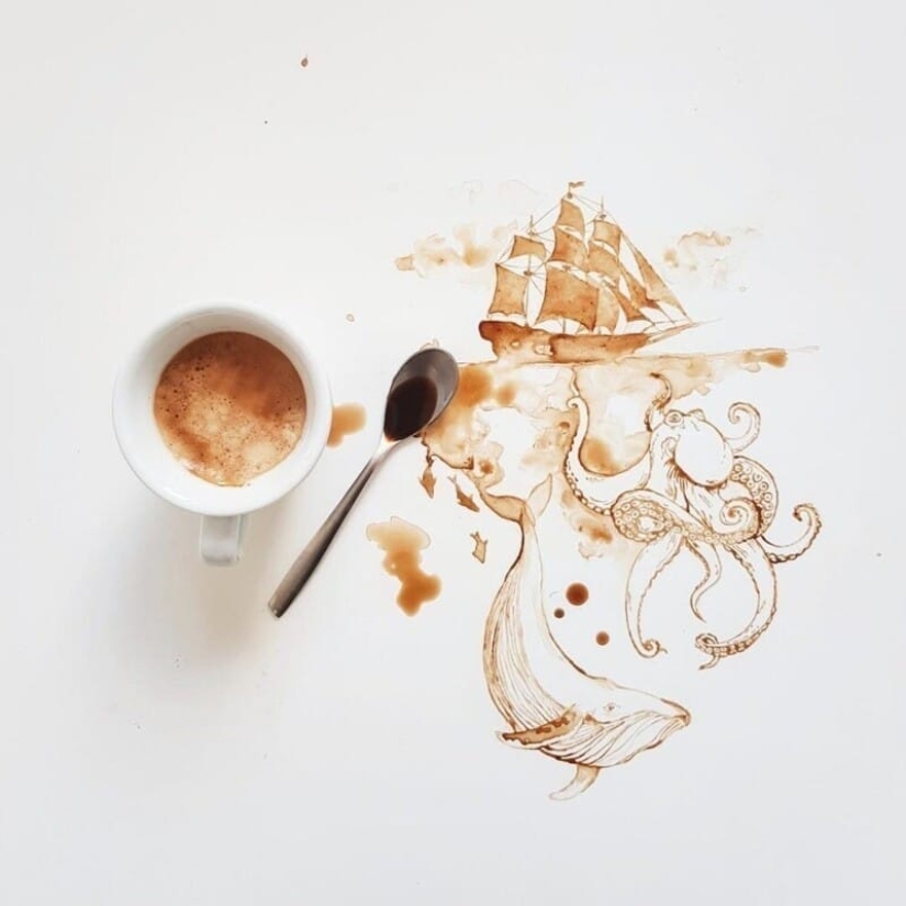 La artista italiana Giulia Bernardelli convirtió el café derramado en arte La artista italiana Giulia Bernardelli convirtió el café derramado en arte