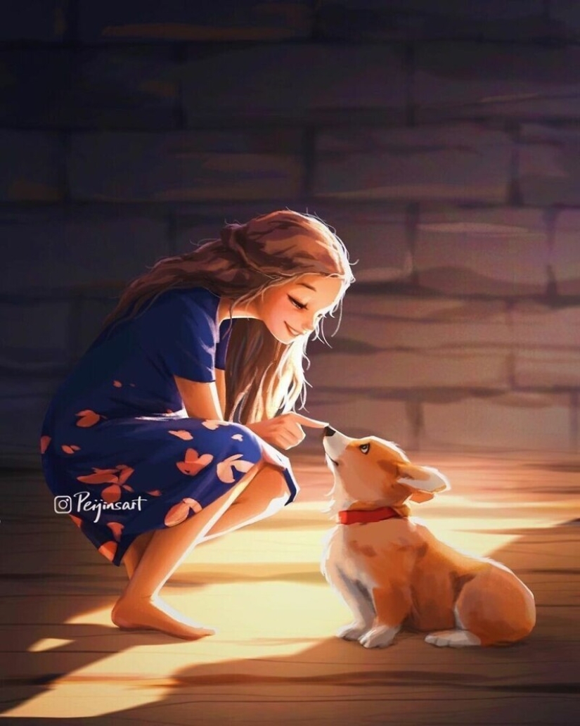 Lindos dibujos de una chica bajo el apodo de Peijin sobre cómo los animales mejoran nuestras vidas