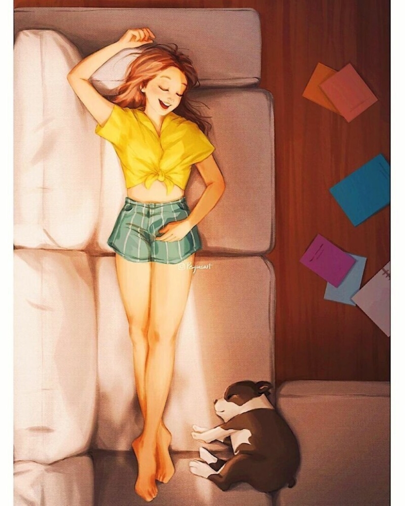 Lindos dibujos de una chica bajo el apodo de Peijin sobre cómo los animales mejoran nuestras vidas