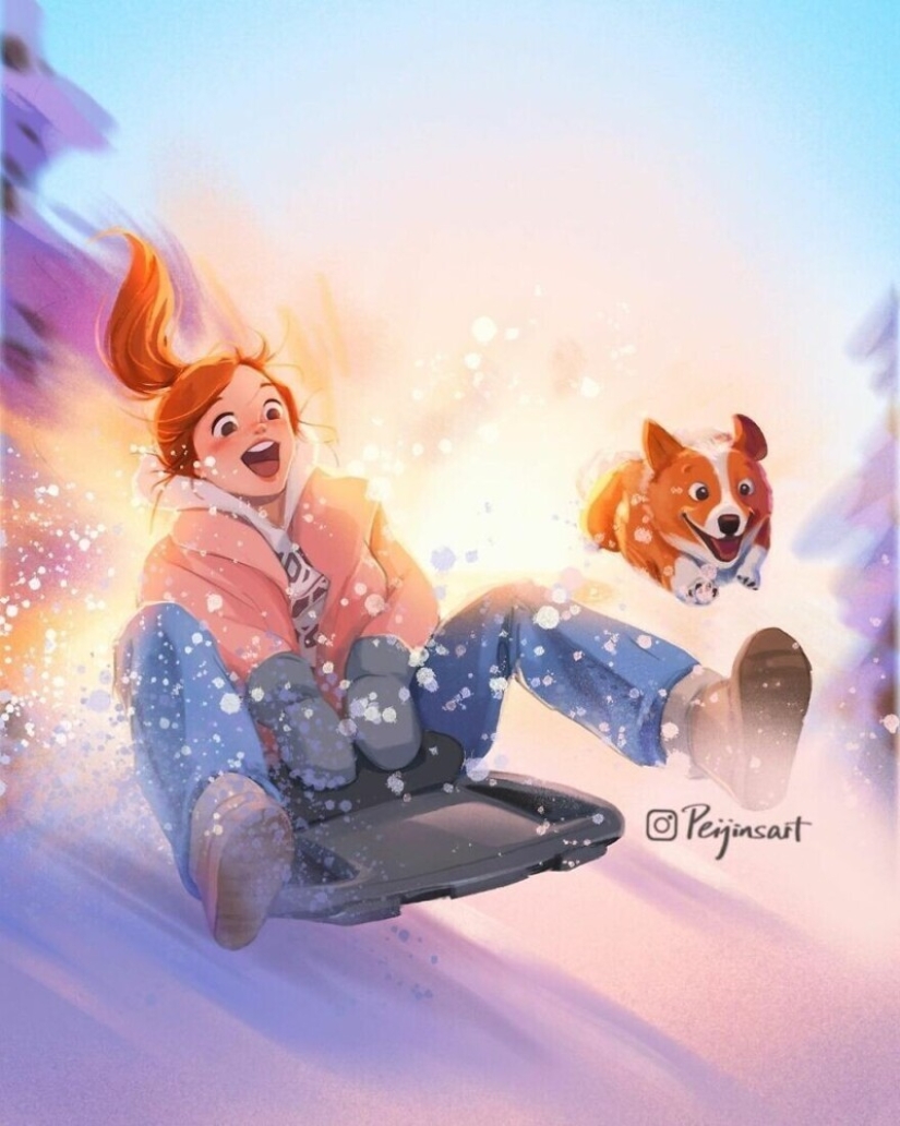 Lindos dibujos de una chica bajo el apodo de Peijin sobre cómo los animales mejoran nuestras vidas