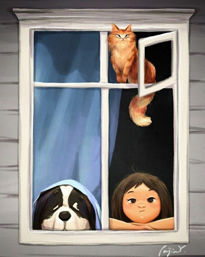 Lindos dibujos de una chica bajo el apodo de Peijin sobre cómo los animales mejoran nuestras vidas