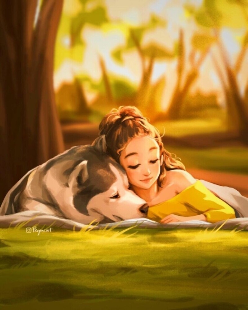 Lindos dibujos de una chica bajo el apodo de Peijin sobre cómo los animales mejoran nuestras vidas