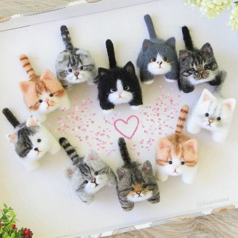 Lindos gatitos hechos de fieltro de la costurera Elizabeth Delektorskaya