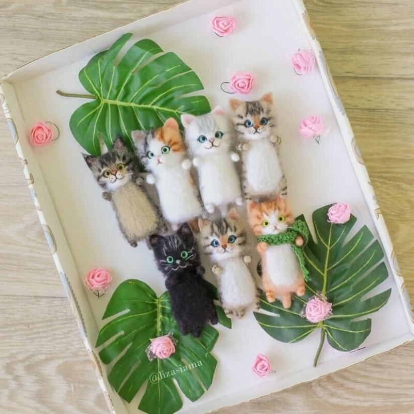 Lindos gatitos hechos de fieltro de la costurera Elizabeth Delektorskaya