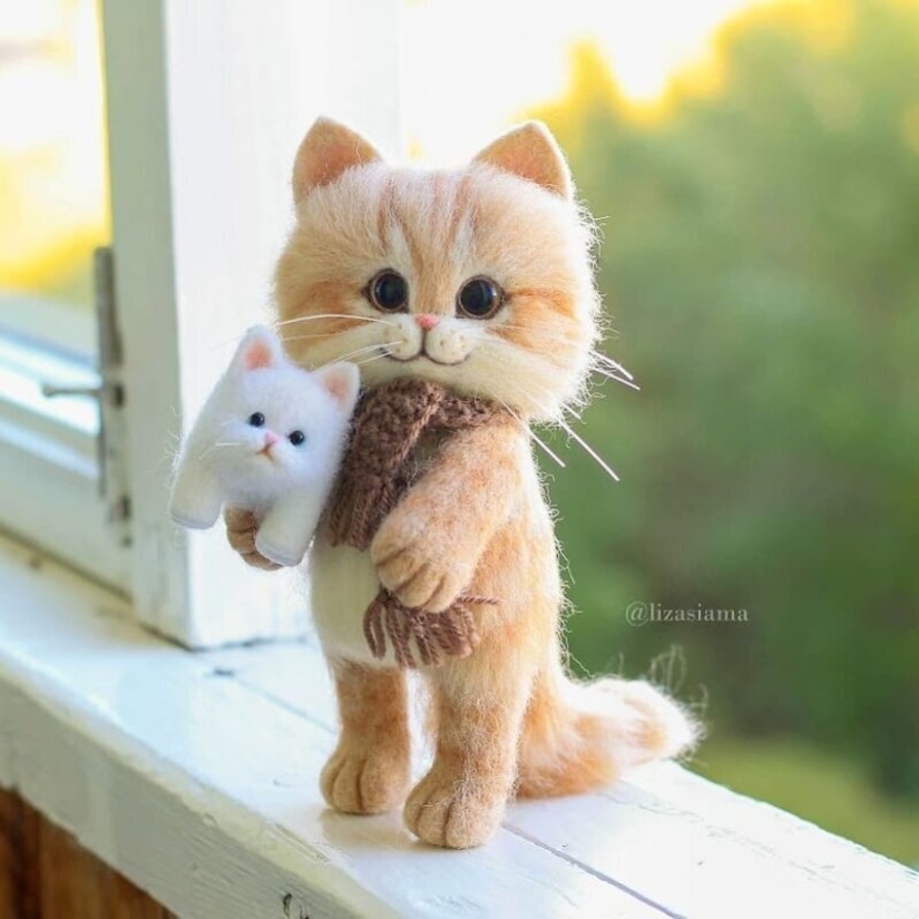 Lindos gatitos hechos de fieltro de la costurera Elizabeth Delektorskaya
