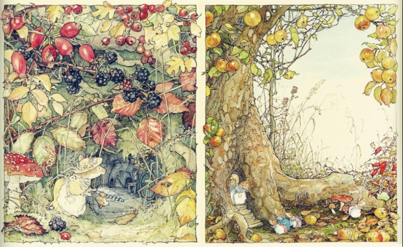 Master cozy illustration of Jill Barklem and her cute mouse tale