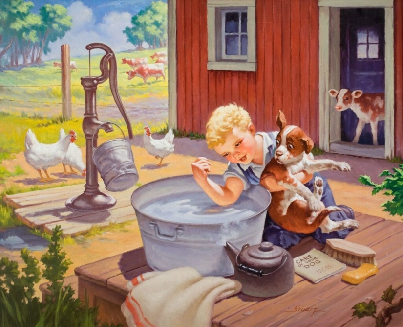 Niños pequeños traviesos del ilustrador Raymond James Stewart