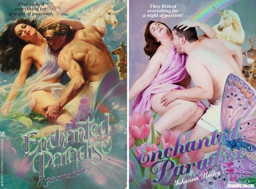 Recreación divertida de portadas de novelas románticas por personas comunes y corrientes