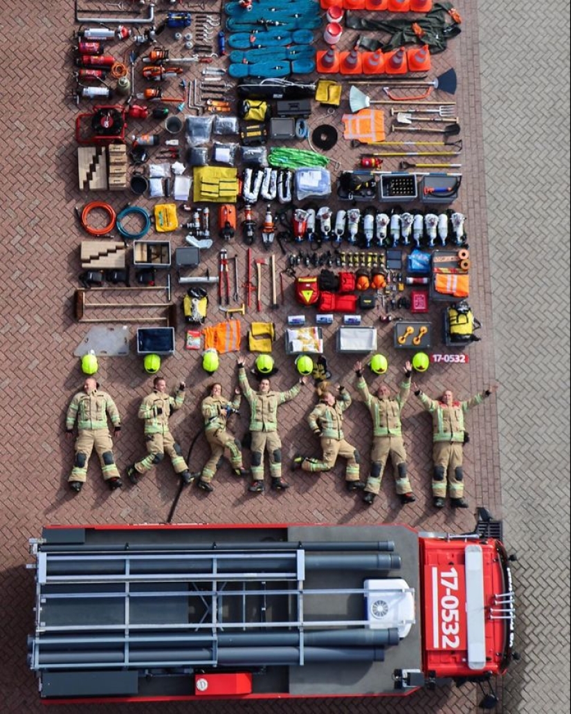 Rescue vehicles, medics, firefighters and their contents