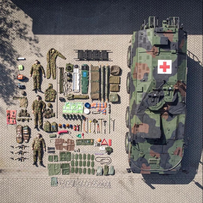 Rescue vehicles, medics, firefighters and their contents