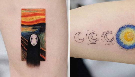 Tattoos of Hakan Adik, combining famous paintings and pop culture characters
