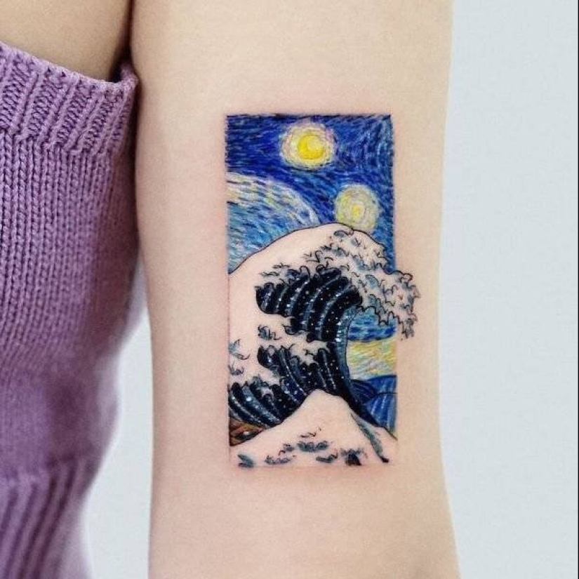 Tatuajes de Hakan Adik, combinando pinturas famosas y personajes de la cultura pop