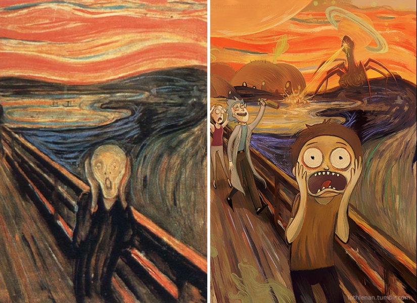 The artist adds anime characters to the classic canvases