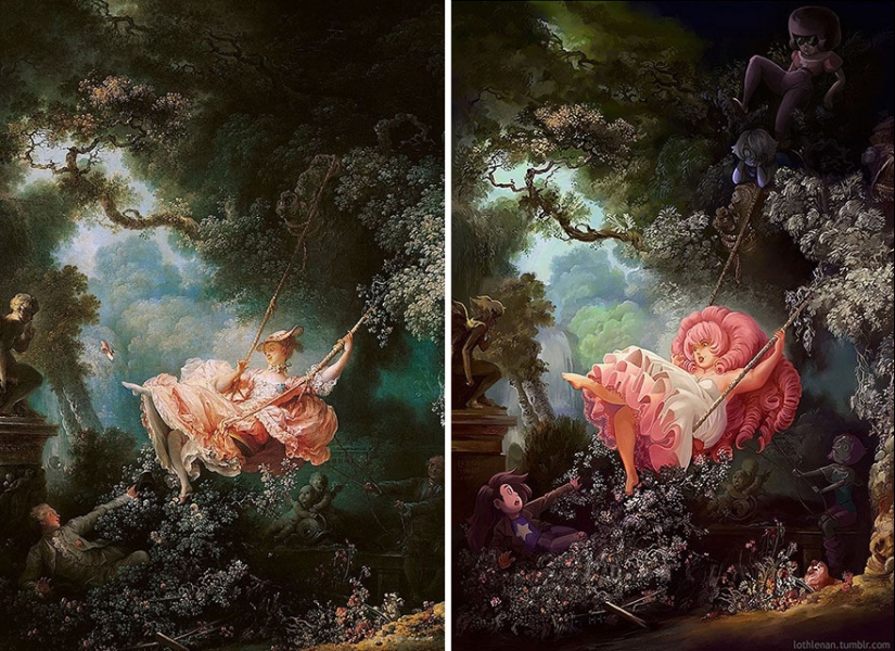 The artist adds anime characters to the classic canvases